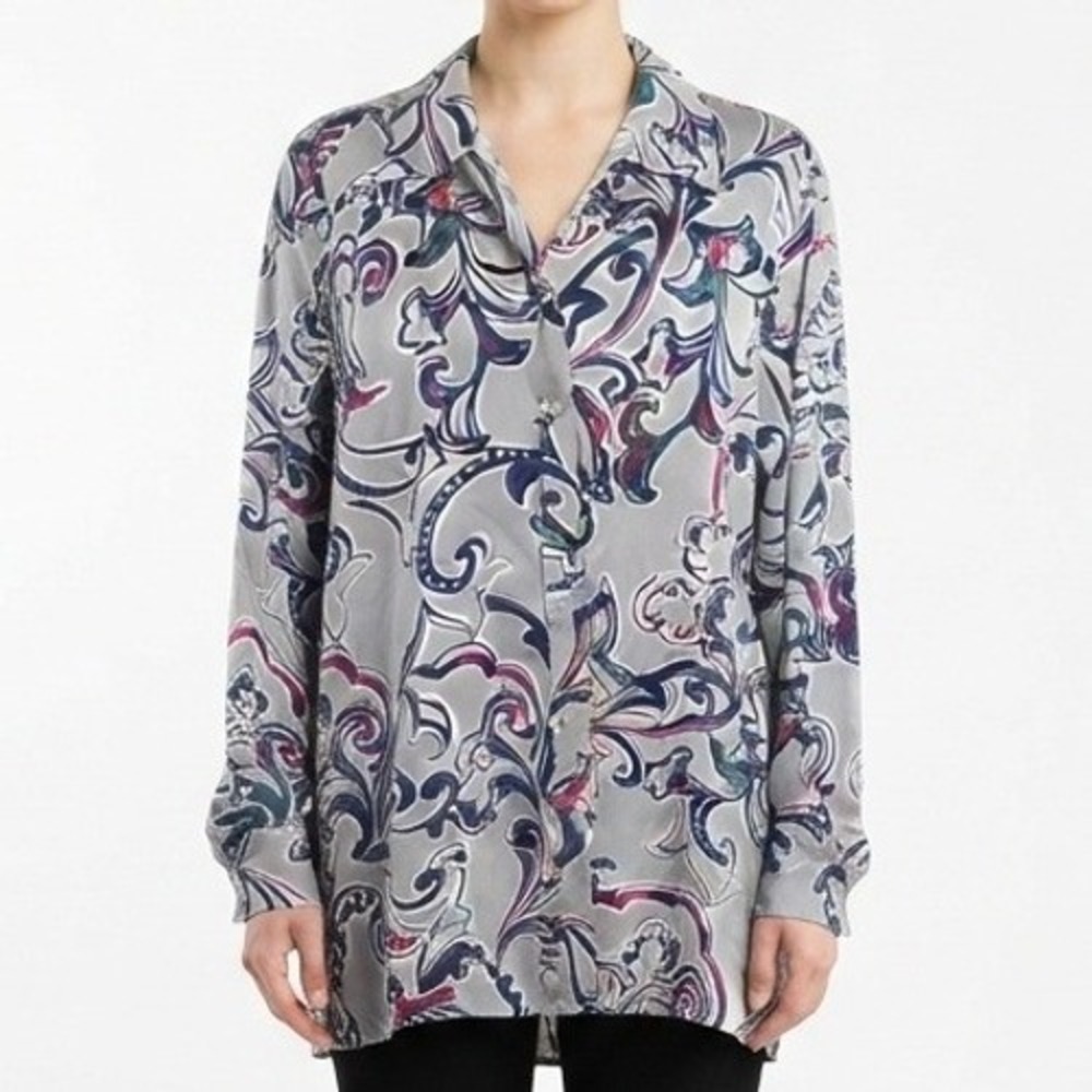 Chico's Button Down Shirt Womens Size 2 12/14 Grey Paisley Scroll Modal Blouse